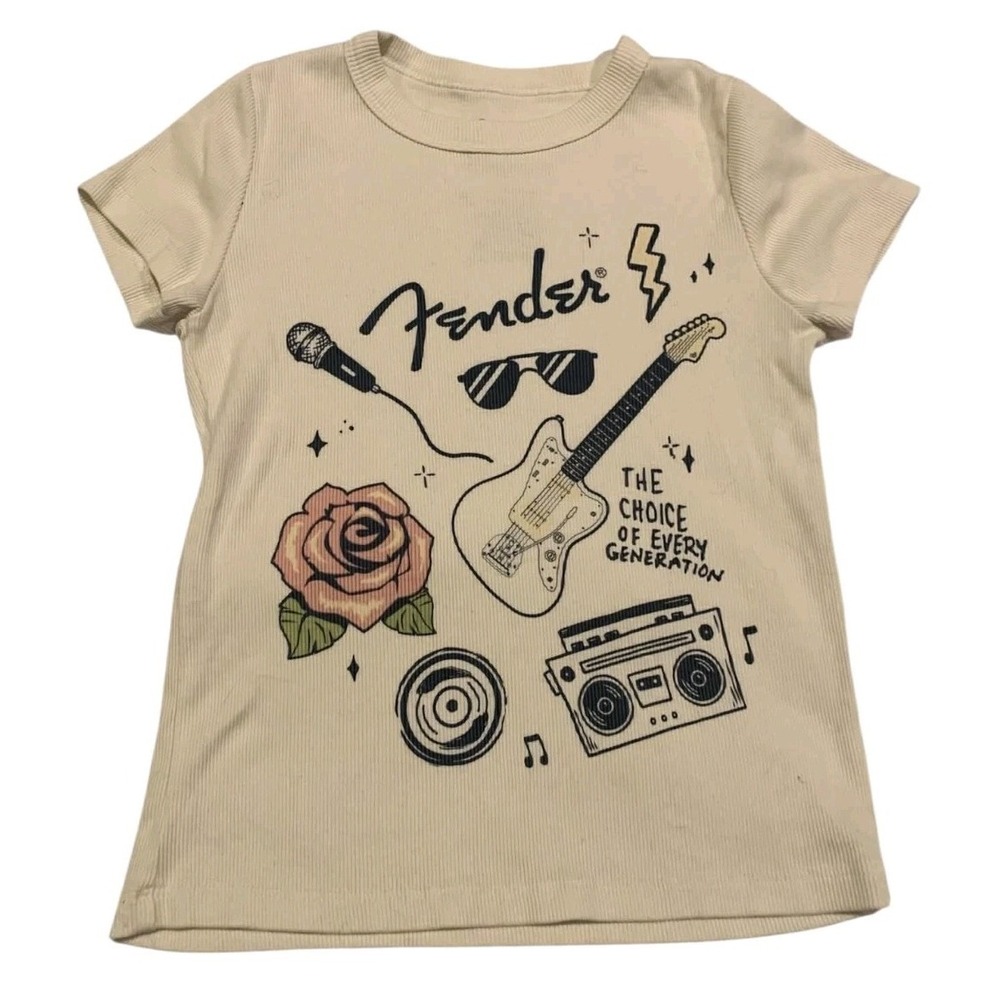 Fender Graphic T-Shirt Large Girls (10/12) Music Rose Guitar Print Ribbed Tee